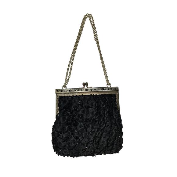 Vintage Handmade Beaded Black/Gold Clutch Purse - Picture 1 of 7